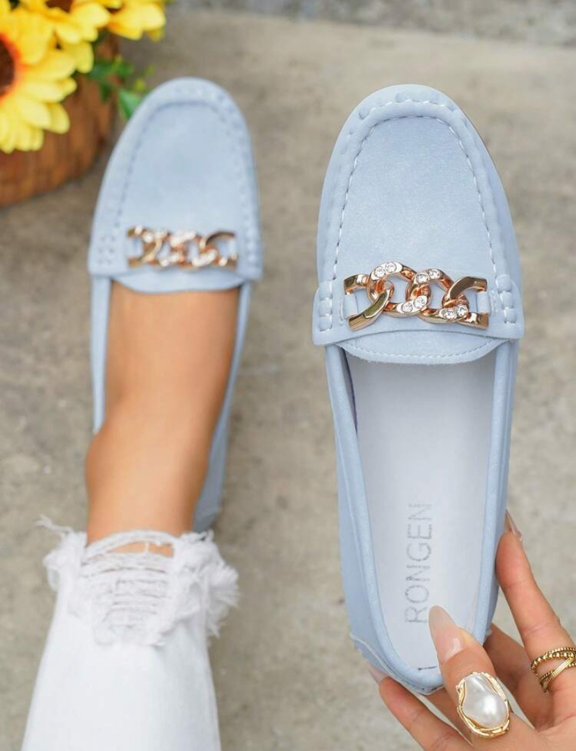 Powder Blue Suede Chain Loafers — Women