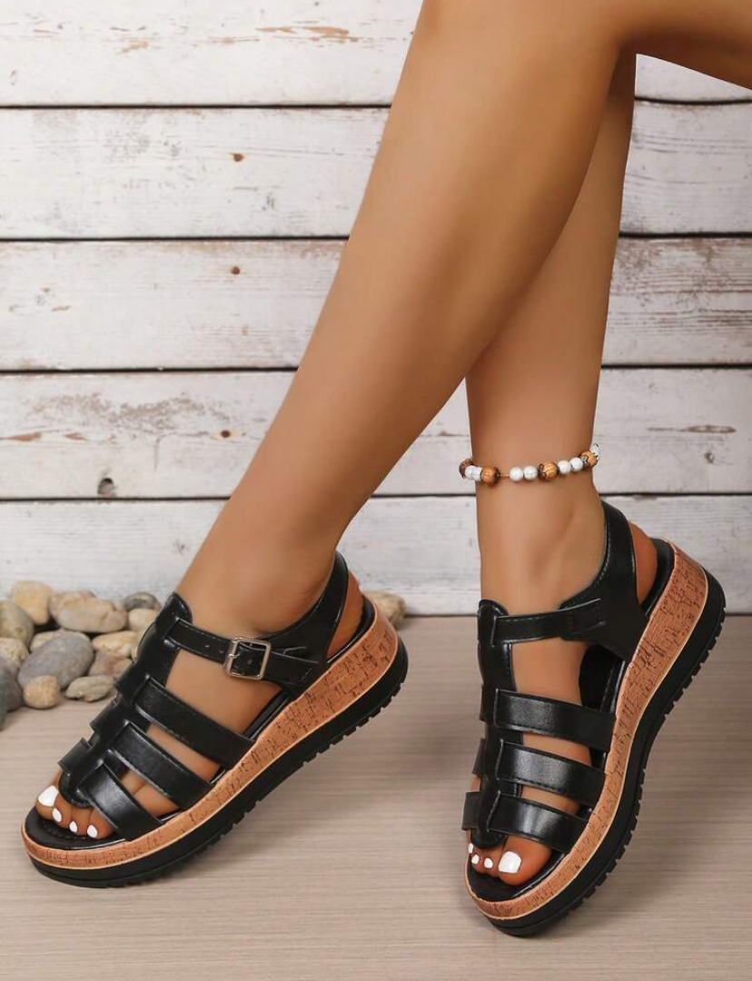 Black Leather Gladiator Platform Sandals
