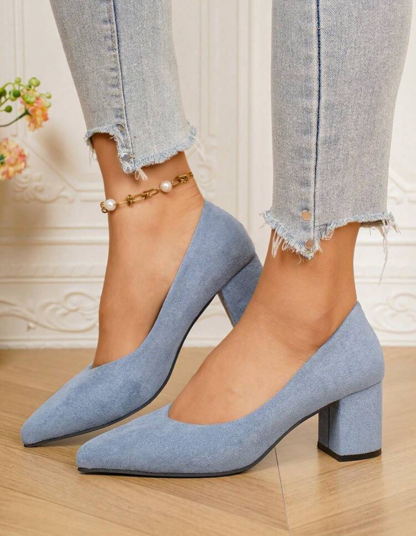 Dusty Blue Suede Block Heel Pointed Pumps