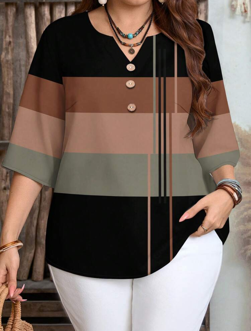 Colour Block Button-Neck Plus-Size Tunic Top