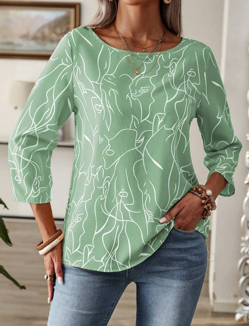 Sage Green Abstract Line Art Long-Sleeve Blouse