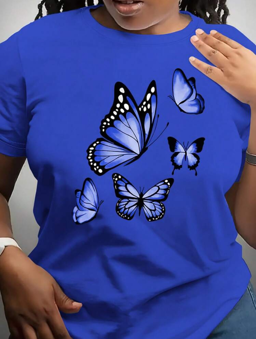 Cobalt Blue Butterfly Print Plus-Size Tee