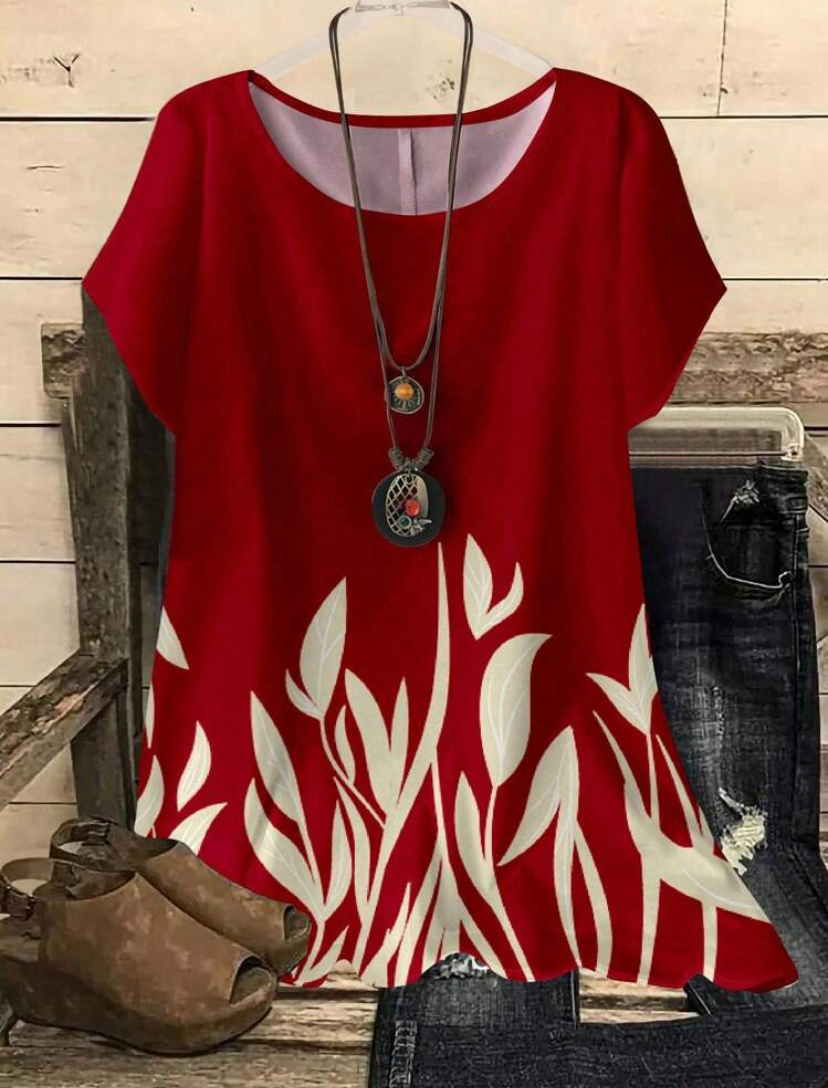 Crimson Leaf Print Tunic Top with Necklace