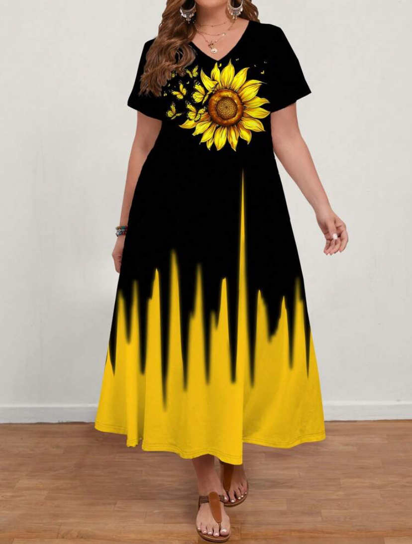 Sunflower Drip V-Neck Maxi Dress