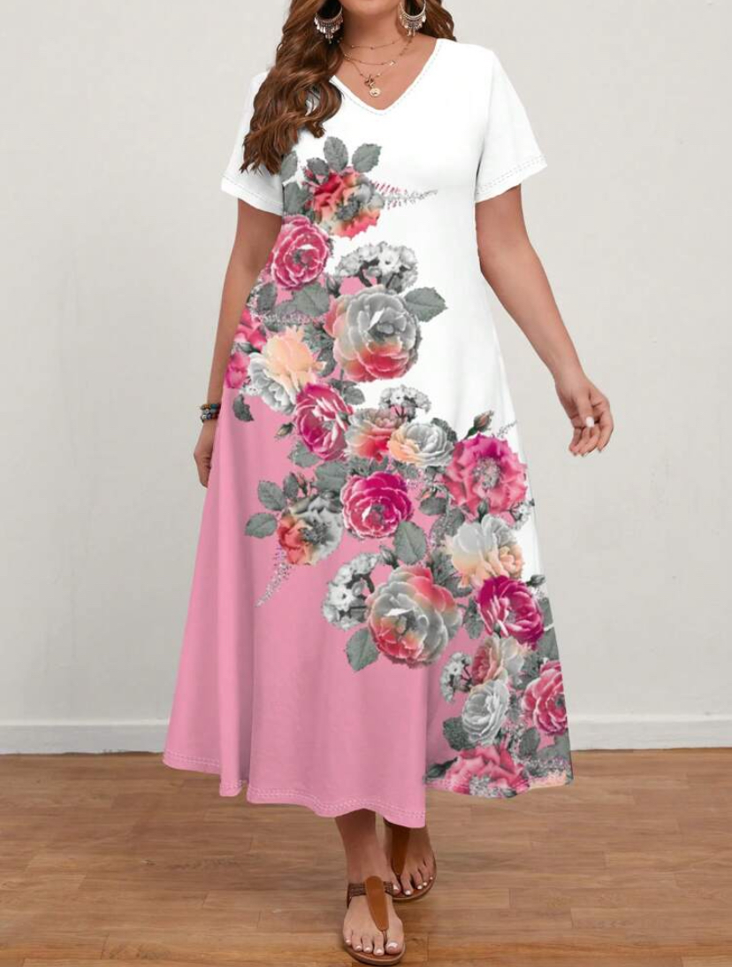 Pink Rose Ombré V-Neck Maxi Dress