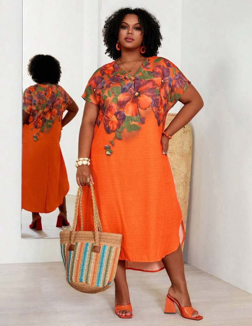 Orange Tropical Bloom Plus-Size Kaftan Dress