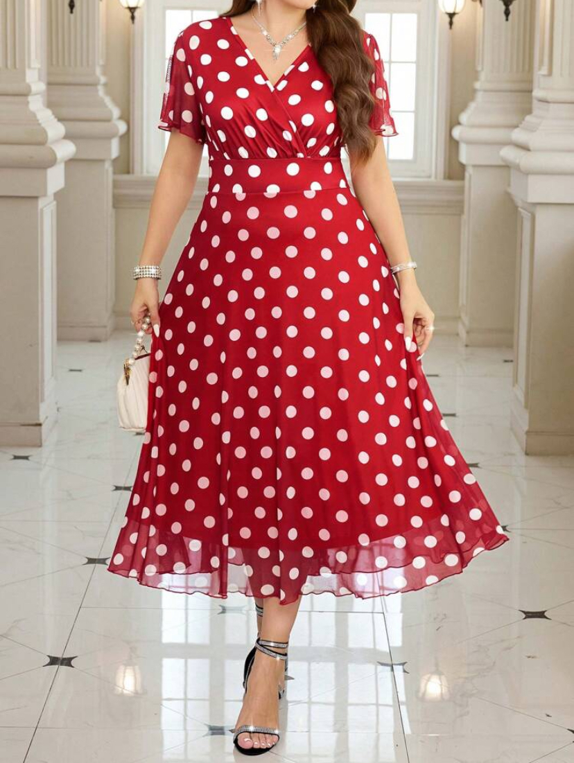 Red Polka Dot V-Neck Chiffon Midi Dress