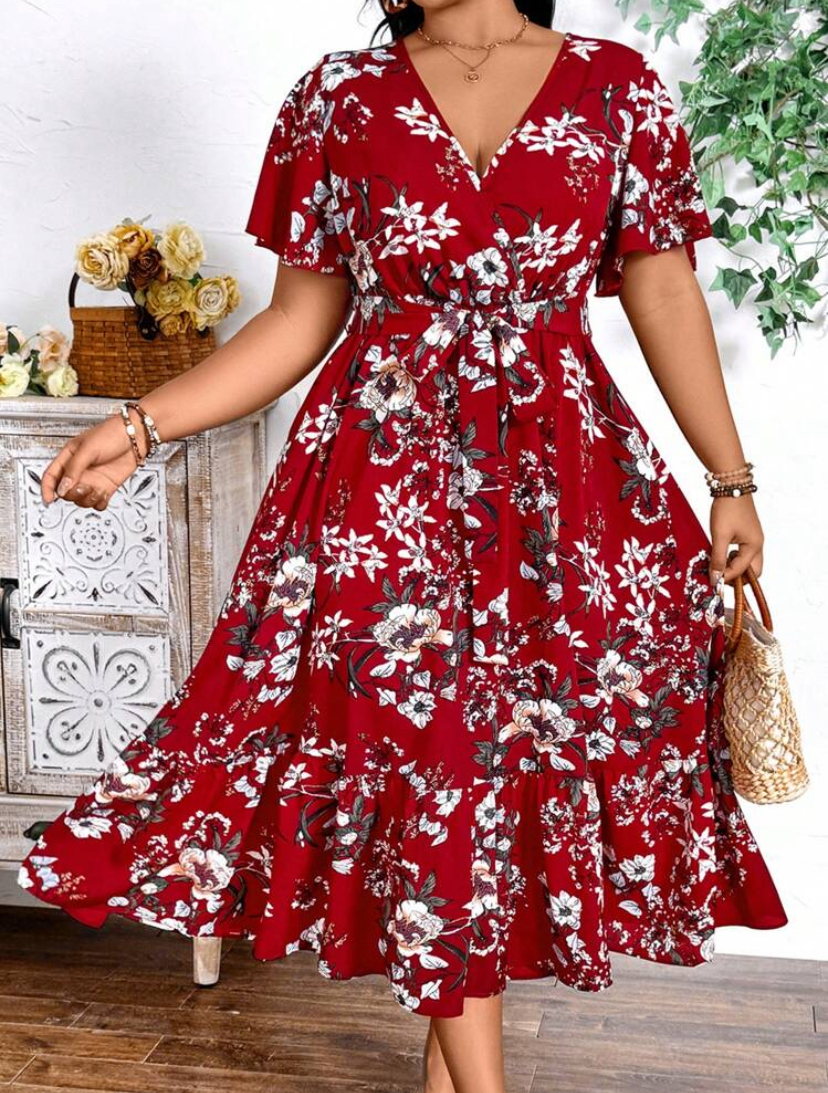 Burgundy Floral Wrap Ruffle Midi Dress