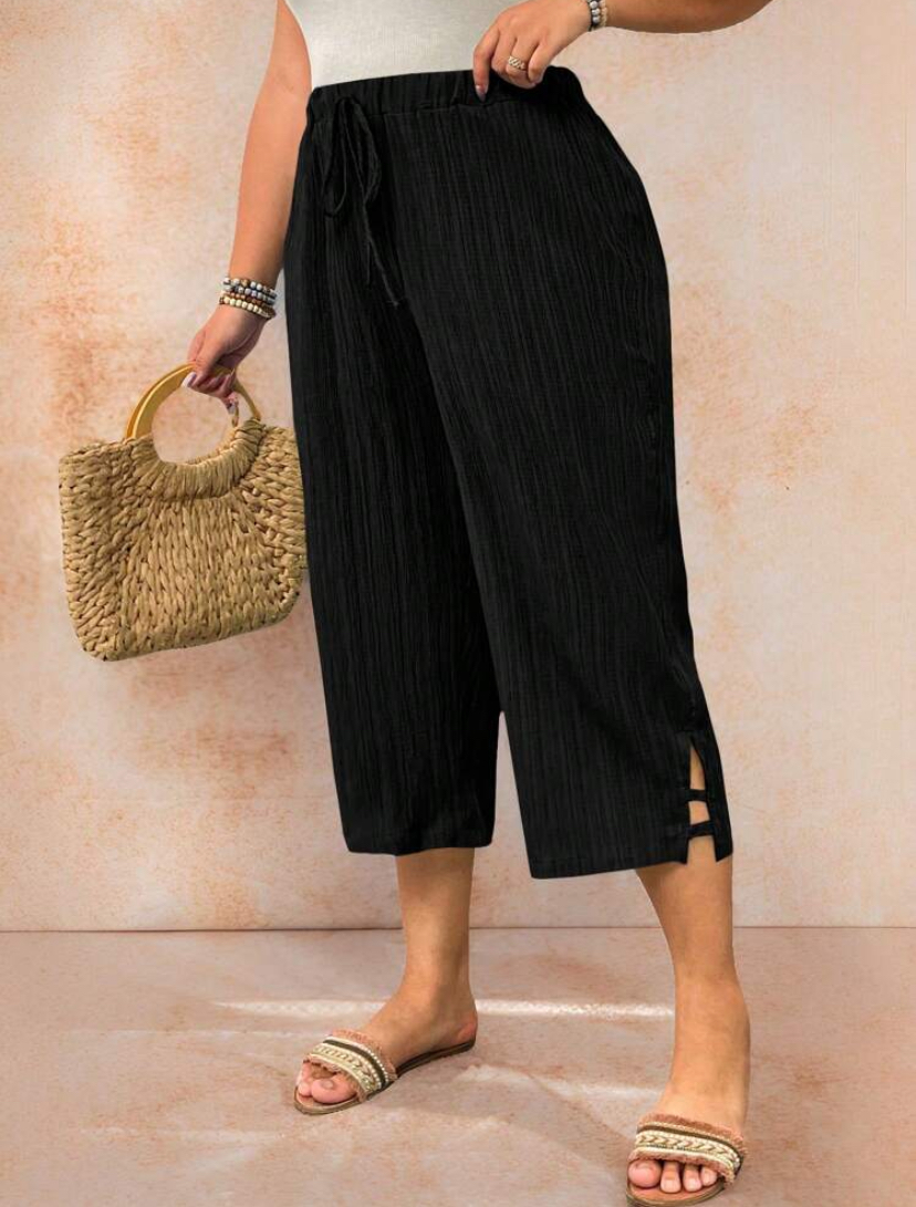 Black Crinkle Wide-Leg Culotte Pants — Plus Size