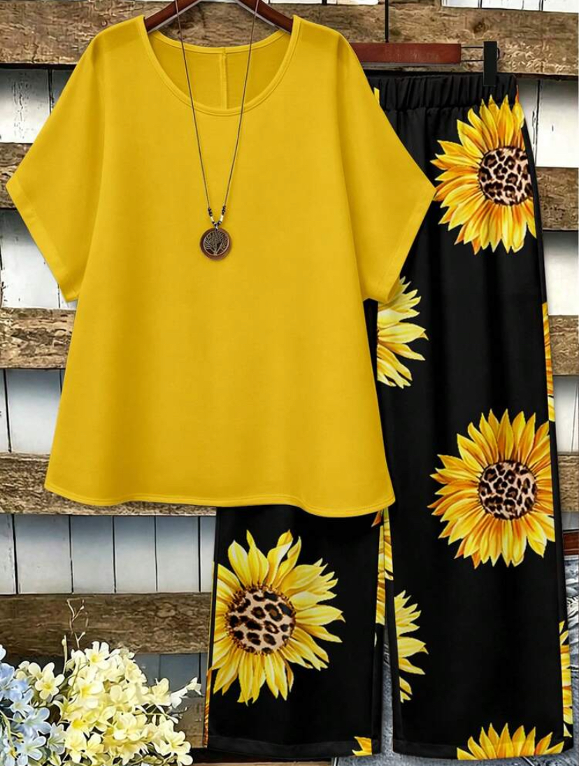 Sunflower Print Top & Wide-Leg Pants Two-Piece Set